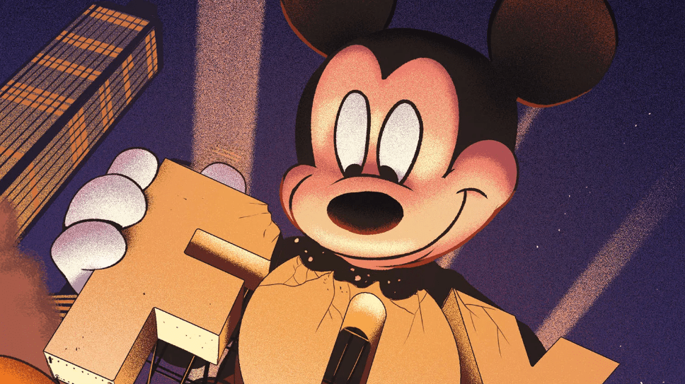 Illustration of Mickey Mouse takes a bite of the fox logo as metaphor for fox merger.